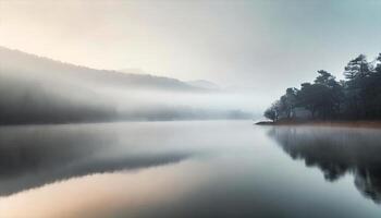 ai généré une Lac entouré par des arbres et brouillard photo