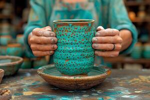 ai généré processus de mains façonner céramique tasse, artisanat poterie photo