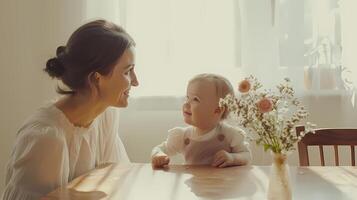 ai généré une mère et sa peu fille sont séance à une tableau, à la recherche heureux. photo