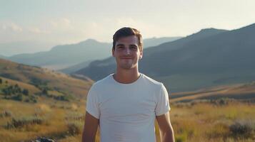 ai généré Masculin modèle avec brillant sourire permanent en plein air sur une été journée. il portait une nettoyer blanc T-shirt. et là sont montagnes dans le Contexte. photo