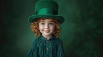 ai généré portrait de une peu fille avec frisé cheveux dans une vert Haut chapeau. chanceux vert chapeau pour st. patricks journée. photo