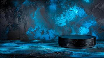 ai généré vide noir podium sur grunge bleu béton ciment pièce Contexte pour produit présentation. photo