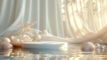 ai généré blanc lin marbre podium sur le blanc lin soie Contexte avec perles, mer eau, peu fleur et coquilles. podium pour produit, cosmétique présentation photo