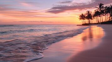 ai généré le pastel couleurs de le le coucher du soleil ciel réfléchir sur le calme des eaux la lessive plus de une sablonneux tropical plage doublé avec paume des arbres. génératif ai photo