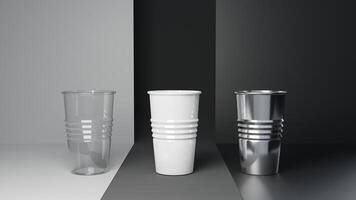 3d le rendu de une groupe de Plastique tasses sur une niveaux de gris Contexte photo