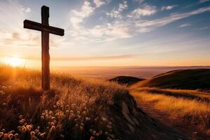 ai généré religieux traverser sur le Contexte de une brillant le coucher du soleil. le concept de religion et foi. christianisme. génératif ai. photo