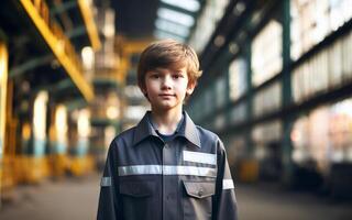 ai généré les enfants portant ingénierie uniformes dans une usine contrôle machinerie futur carrière rêver concept photo