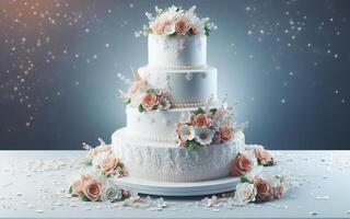ai généré à trois niveaux gâteau, mariage gâteau décoré avec fleurs, mignon, sucré couleurs photo