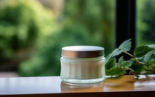 ai généré luxe cosmétique ouvert crème pot sur le table avec vert feuilles dans Naturel Contexte photo