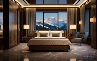 ai généré 3d le rendu magnifique contemporain luxe chambre suite dans Hôtel avec la télé photo