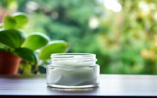 ai généré luxe cosmétique ouvert crème pot sur le table avec vert feuilles dans Naturel Contexte photo