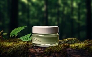 ai généré cosmétique vert pot sur pourri arbre derrière brouiller Naturel Contexte photo