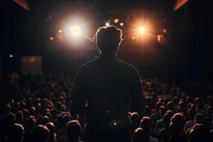 ai généré arrière vue de une homme d'affaire permanent dans de face de le public à le conférence salle. le concept de performant sur organiser, Publique Parlant. photo