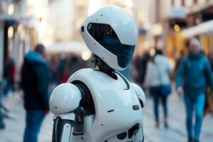 ai généré une robot sur le des rues de une gros ville parmi personnes. artificiel intelligence dans moderne mode de vie. photo