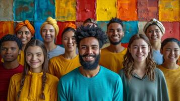 ai généré portrait de une Créatif affaires équipe permanent ensemble et en riant. une groupe de de bonne humeur gens de différent nationalités photo