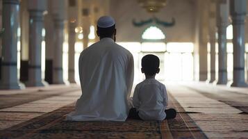 ai généré retour vue de une musulman père et fils prier dans mosquée, islamique concept, Ramadan prier photo