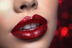 ai généré fermer beauté portrait de une Jeune femme avec rouge rouge à lèvres. photo