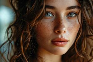 ai généré beauté portrait de une Jeune femme avec Naturel se maquiller. photo