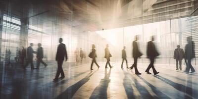 ai généré se dépêcher affaires gens silhouettes en marchant pendant se ruer heure dans leur lieu de travail. mouvement brouiller effet photo