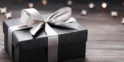 ai généré luxe argent gris noir cadeau boîte avec arc contre une de fête arrière-plan, Noël et Nouveau année carte postale photo