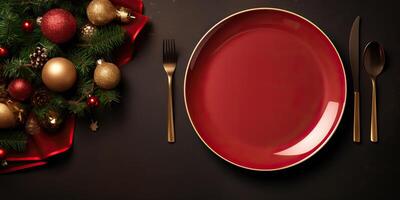 ai généré élégant Noël table réglage dans rouge Couleur pour vacances dîner. Noël ou Nouveau ans fête photo