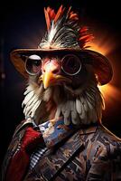 ai généré poulet habillé dans un élégant moderne costume avec une agréable cravate. mode portrait de un anthropomorphe photo