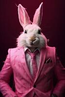 ai généré lapin habillé dans un élégant moderne rose costume, attacher et lunettes. mode portrait de un photo