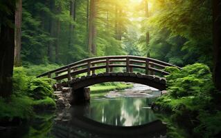 ai généré une pont plus de une rivière dans une forêt photo