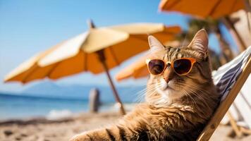 ai généré mignonne chat dans des lunettes de soleil est séance sur le plage de mer ou océan. chat est relaxant sur vacances. concept de Voyage et été vacances. photo