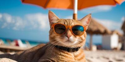 ai généré mignonne chat dans des lunettes de soleil est séance sur le plage de mer ou océan. chat est relaxant sur vacances. concept de Voyage et été vacances. photo