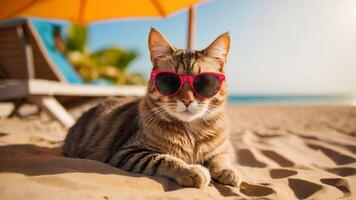 ai généré mignonne chat dans des lunettes de soleil est séance sur le plage de mer ou océan. chat est relaxant sur vacances. concept de Voyage et été vacances. photo