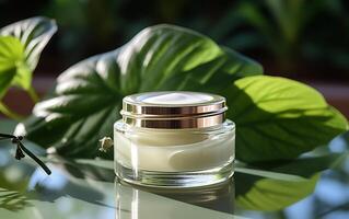 ai généré Naturel cosmétique crème pot sur une vieux bois table avec feuilles et fleur photo