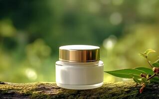 ai généré photo luxe crème pot sur le table derrière Naturel vert Contexte