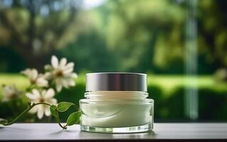 ai généré luxe cosmétique ouvert crème pot sur le table avec vert feuilles dans Naturel Contexte photo