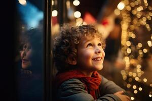 ai généré petit content enfant supporter sur le rue près une de fête magasin fenêtre décoré avec Nouveau années guirlandes photo