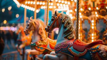 ai généré carrousel les chevaux dans une embrasé amusement parc à nuit photo