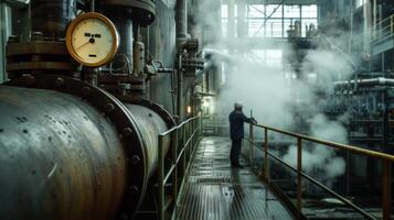 ai généré vapeur et tuyaux pour massif Chaudière avec industriel ingénieur inspection photo