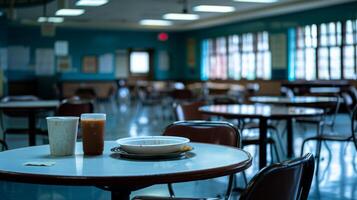 ai généré vide les tables et chaises, abandonné plateaux, et à moitié fini repas comme une résultat de réduction des effectifs. photo