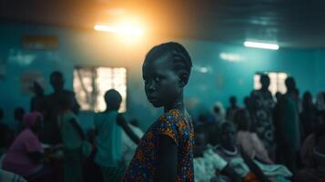 ai généré une Jeune fille avoir paludisme des médicaments dans une bondé et vivement allumé clinique avec autre les patients photo