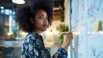 ai généré une Jeune entrepreneur esquisse des idées sur une tableau blanc dans une lisse Bureau espace photo