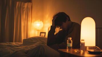 ai généré une homme avec fièvre séance sur le lit avec une verre de l'eau et une bouteille de médicament par le lampe. photo