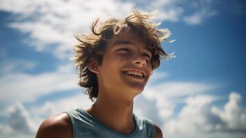 ai généré une adolescent garçon Heureusement profiter lui-même sur une ensoleillé plage pendant une chaud journée. adolescent garçon sur le plage dans le été. en voyageant seul concept, content moment photo