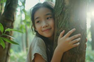 ai généré thaïlandais fille étreindre une arbre avec sourire sur sa affronter, écosystème et en bonne santé environnement concept, Terre jour, enregistrer le monde. photo