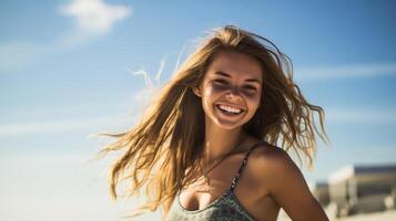 ai généré une adolescent fille Heureusement profiter se sur une ensoleillé plage pendant une chaud journée. fille sur le plage dans le été. en voyageant seul concept, content moment. photo