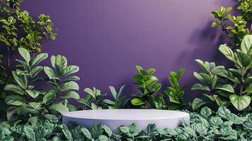 ai généré blanc podium sur une violet Contexte plein de vert décoratif les plantes pour produit présentation photo