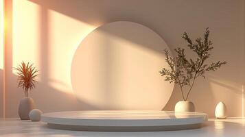 ai généré vide blanc podium sur nettoyer blanc pièce avec le coucher du soleil lumière Contexte et décoration des arbres pour produit présentation. photo