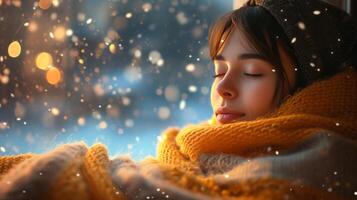 ai généré une radiant Jeune femme, cocon dans une confortable couverture, regards pacifiquement en dehors le fenêtre à tourbillonnant flocons de neige photo