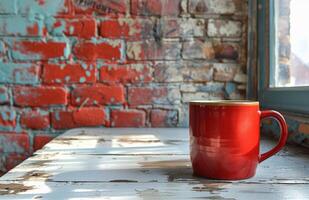 ai généré rouge café tasse sur blanc table contre une brique mur photo