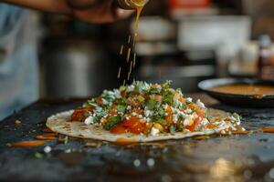 ai généré mexicain tacos avec bœuf, tomates, oignons et autres sur blanc Contexte photo