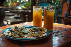 ai généré mexicain tacos avec bœuf, tomates, oignons et autres sur blanc Contexte photo